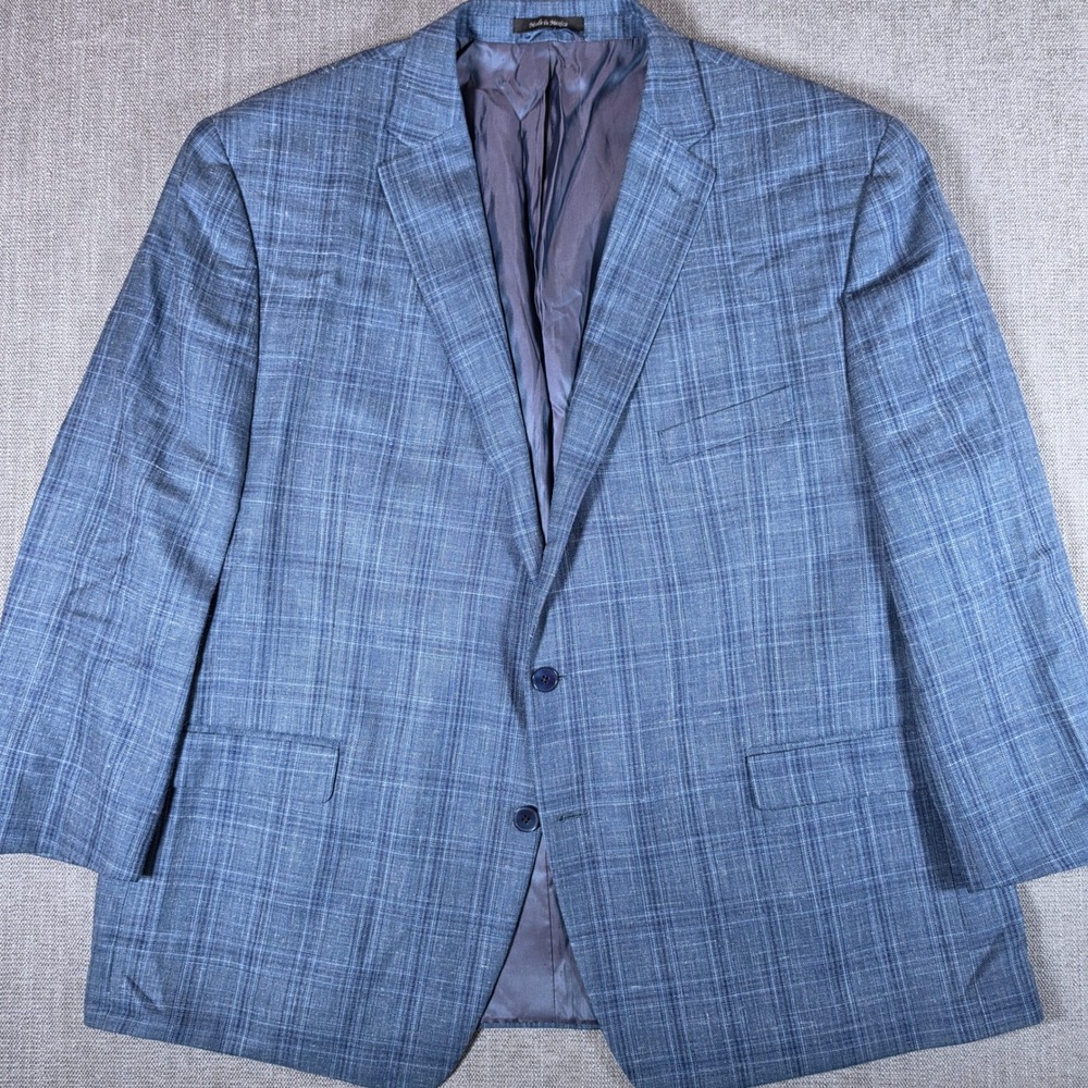 Lauren Ralph Lauren Blazer Mens 52R Blue Plaid‎ Wool Silk Linen Sport Coat